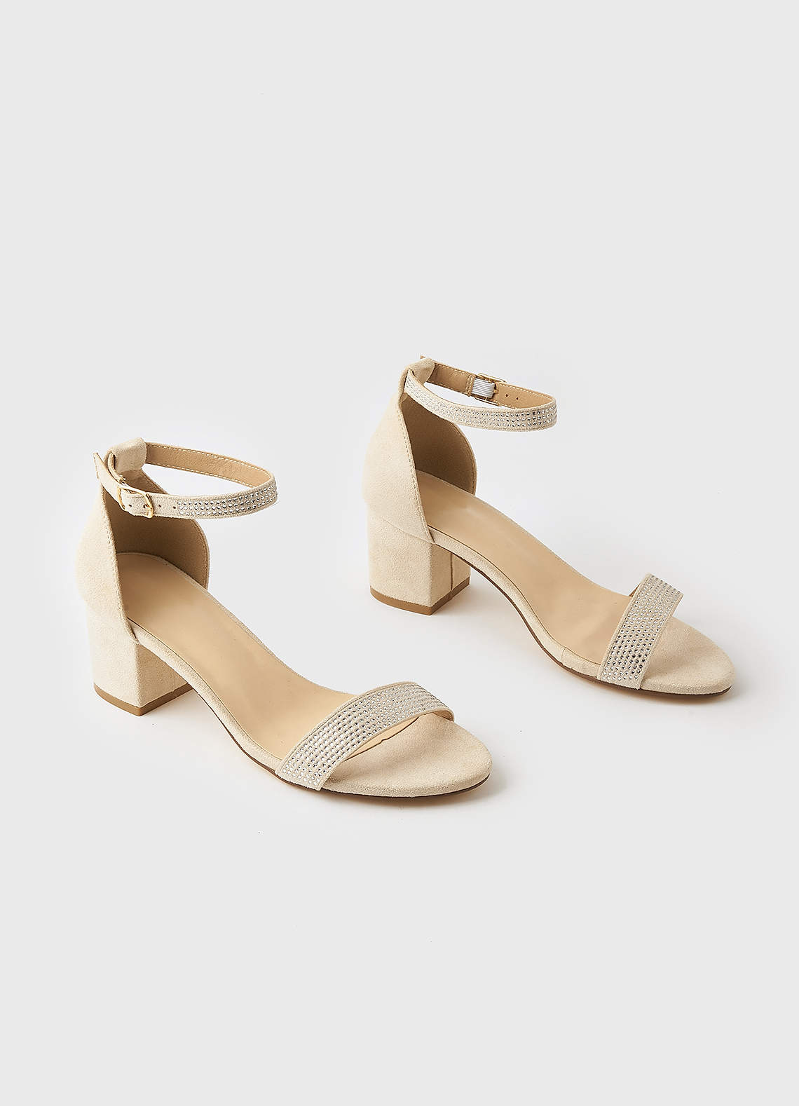 front Shimmer Strap Block Heel Sandals