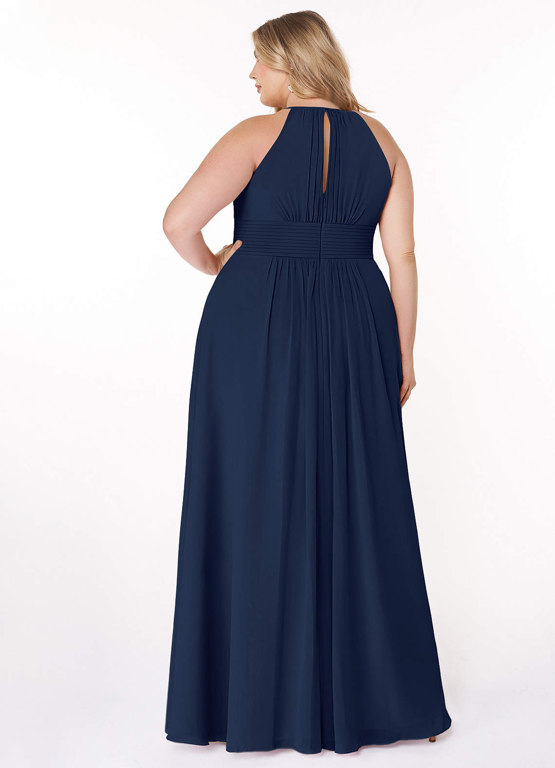 Azazie Bonnie At-home Try On Dresses Dark Navy A-Line Keyhole Ruched Chiffon Dress image6
