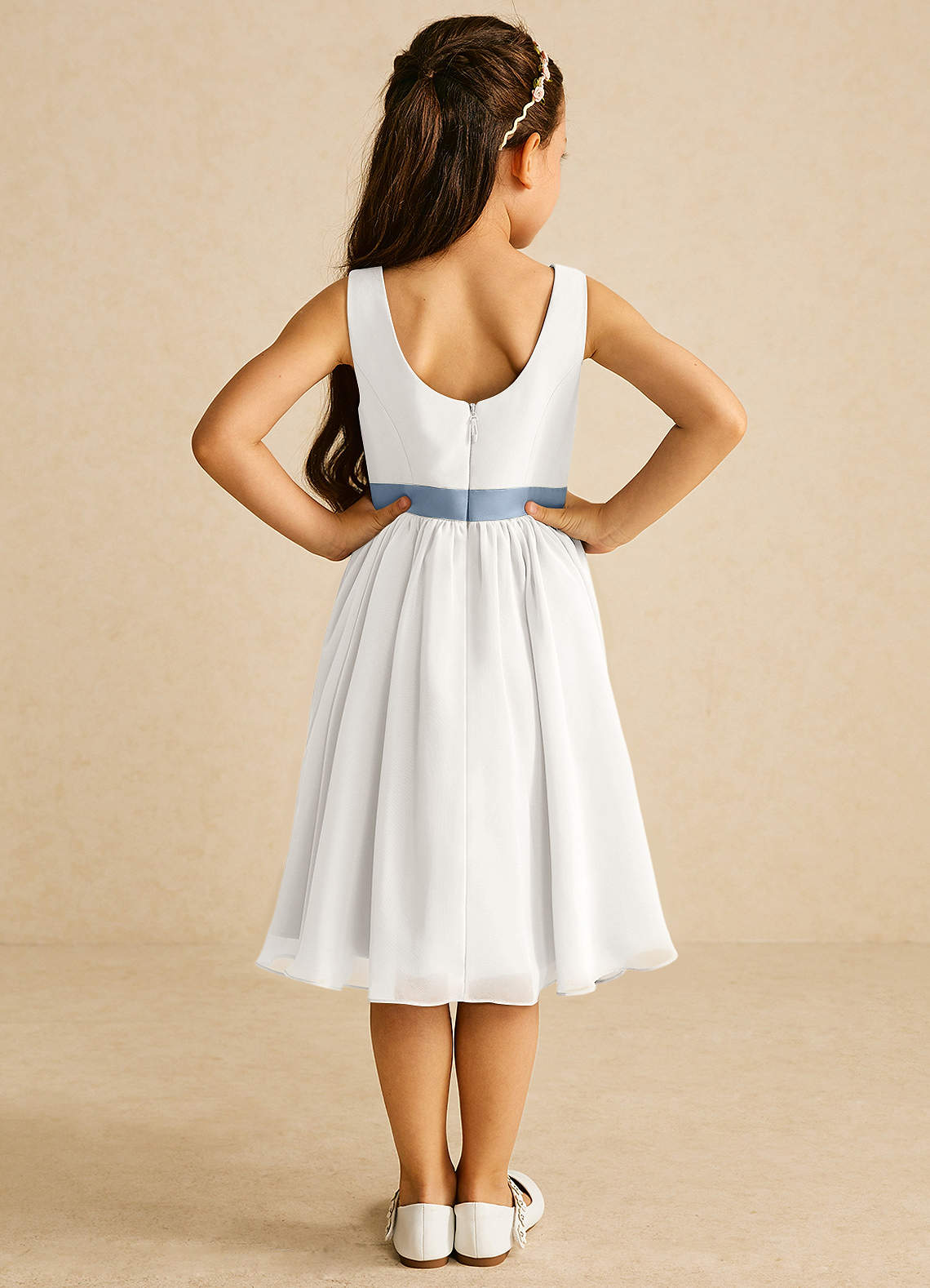 Azazie Elina Flower Girl Dresses Ivory Dusty Blue A-Line Sleeveless Chiffon Dress image5