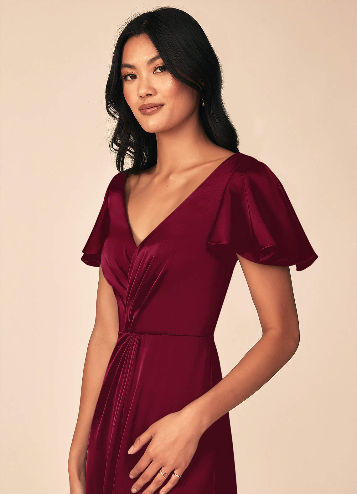 Azazie Soren Bridesmaid Dresses Burgundy A-Line Pleated Stretch Satin Dress image6