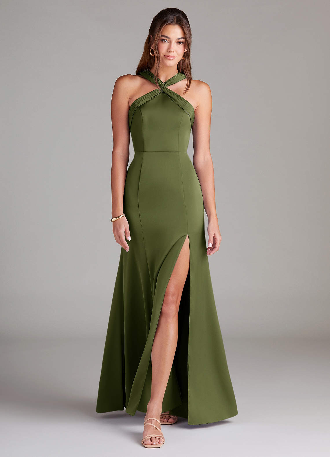 Azazie Rue Bridesmaid Dresses Olive A-Line Pleated Stretch Satin Dress image2