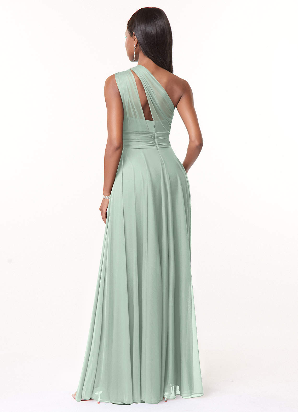 Azazie Charlize At-home Try On Dresses Agave A-Line One Shoulder Mesh Dress image1
