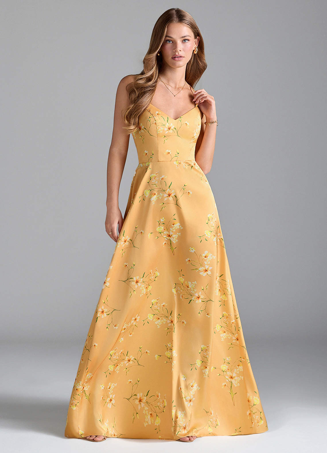 Azazie Mei Bridesmaid Dresses Golden Blooms A-Line V-Neck Stretch Satin Dress image1