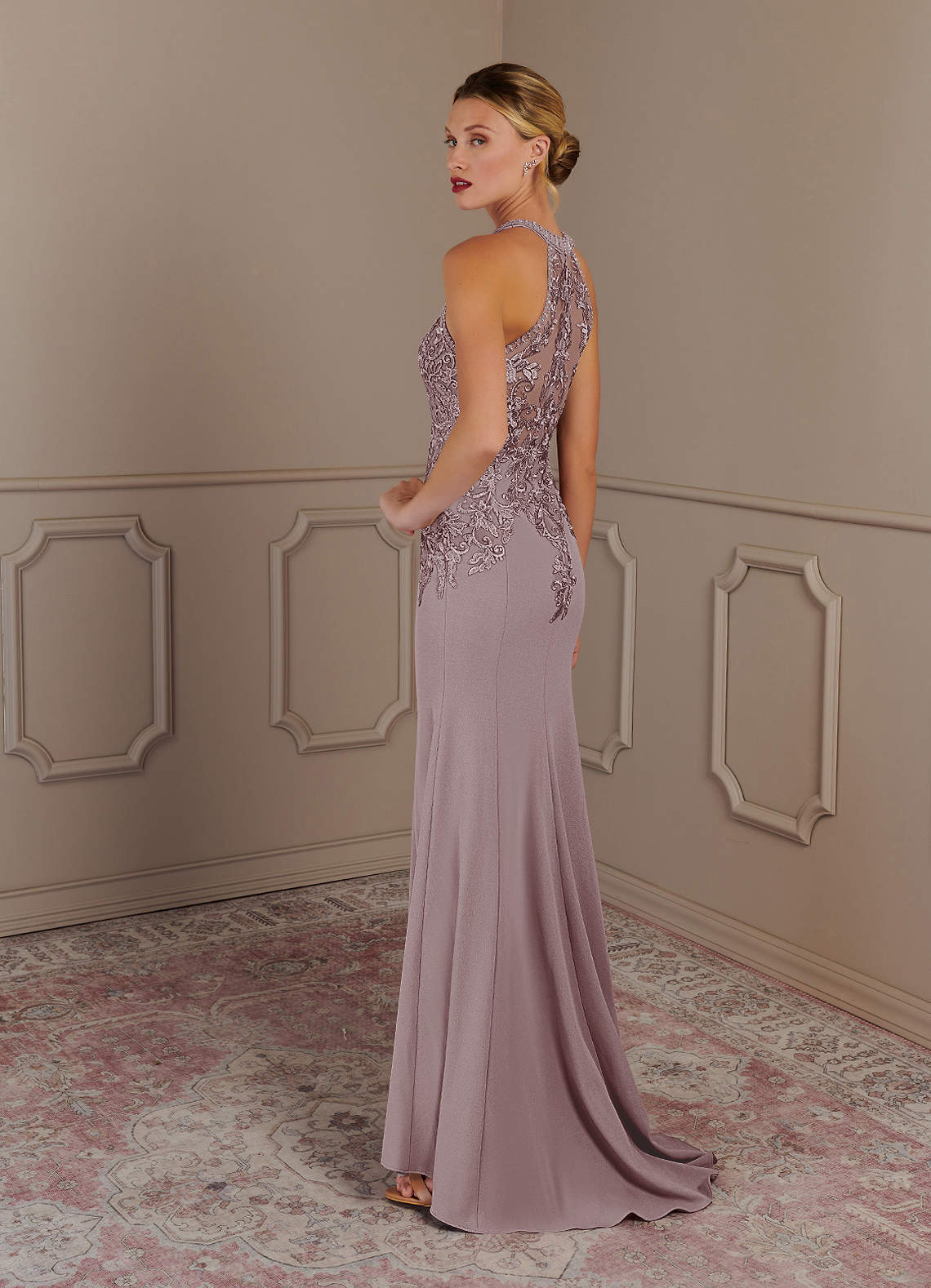Azazie Tyra Mother of the Bride Dresses Vintage Mauve Mermaid Halter Lace Stretch Crepe Dress image2