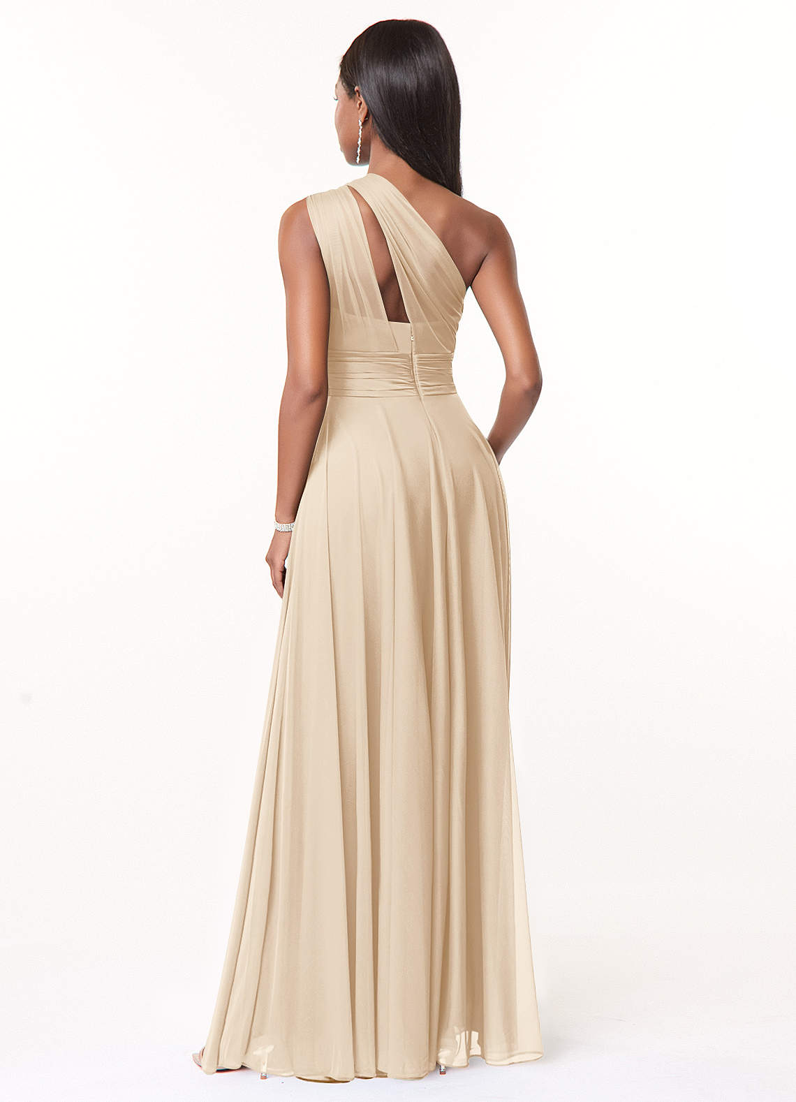 Azazie Charlize Bridesmaid Dresses Champagne A-Line One Shoulder Mesh Dress image1