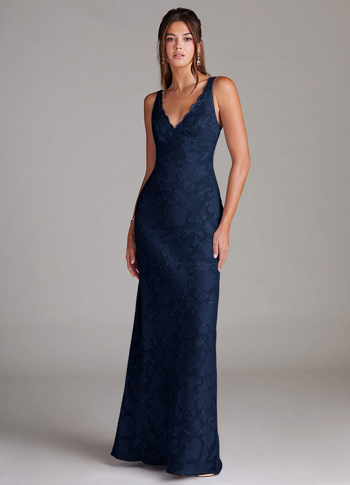 Azazie Tianna Bridesmaid Dresses Dark Navy Sheath Lace Floral Burnout Dress image1