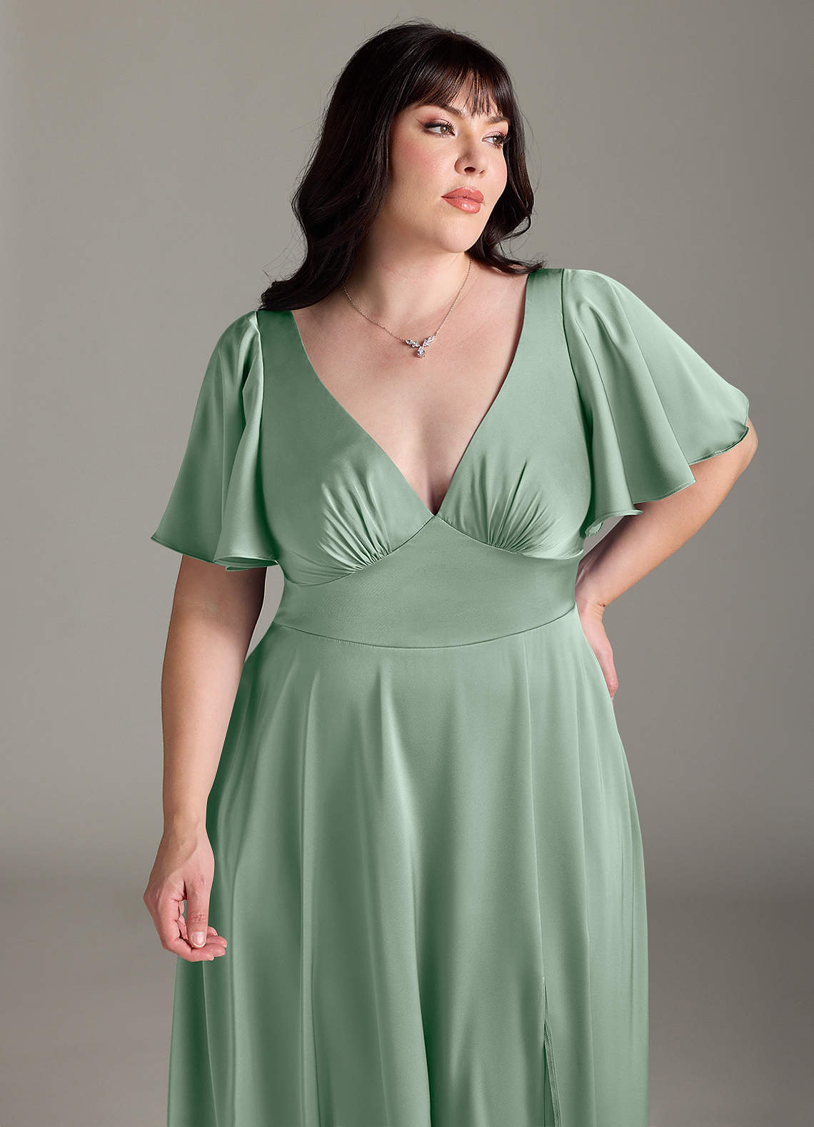 Azazie Kimber At-home Try On Dresses Agave A-Line Ruched Stretch Satin Dress image10