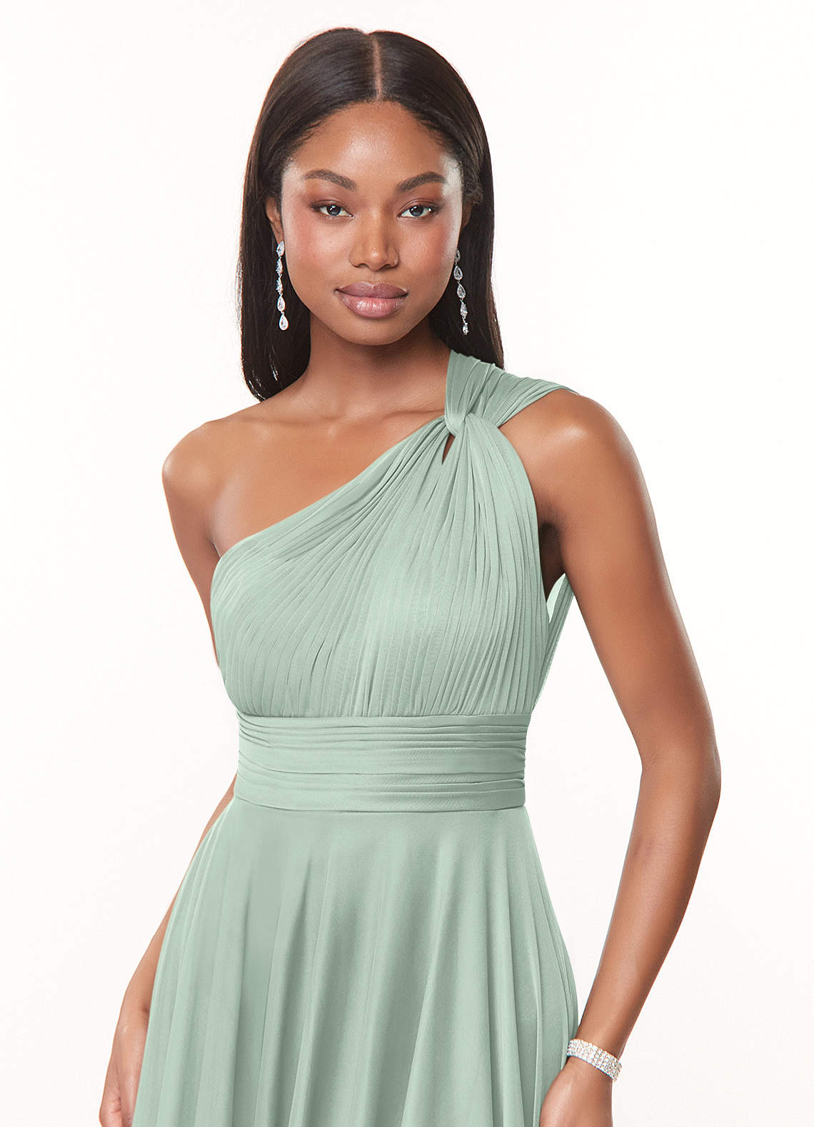 Azazie Charlize At-home Try On Dresses Agave A-Line One Shoulder Mesh Dress image4