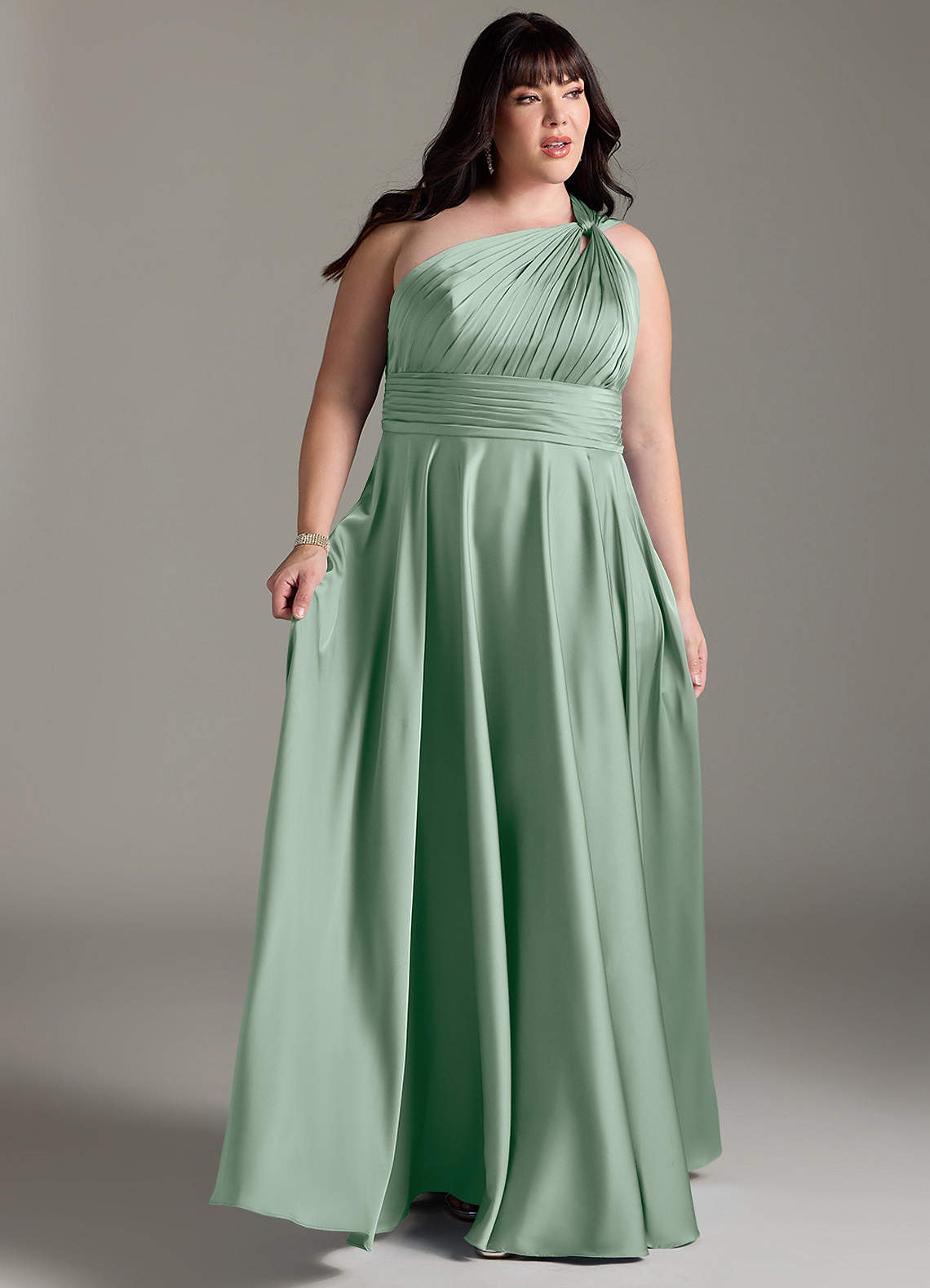 Azazie Charlize At-home Try On Dresses Agave A-Line One Shoulder Stretch Satin Dress image10