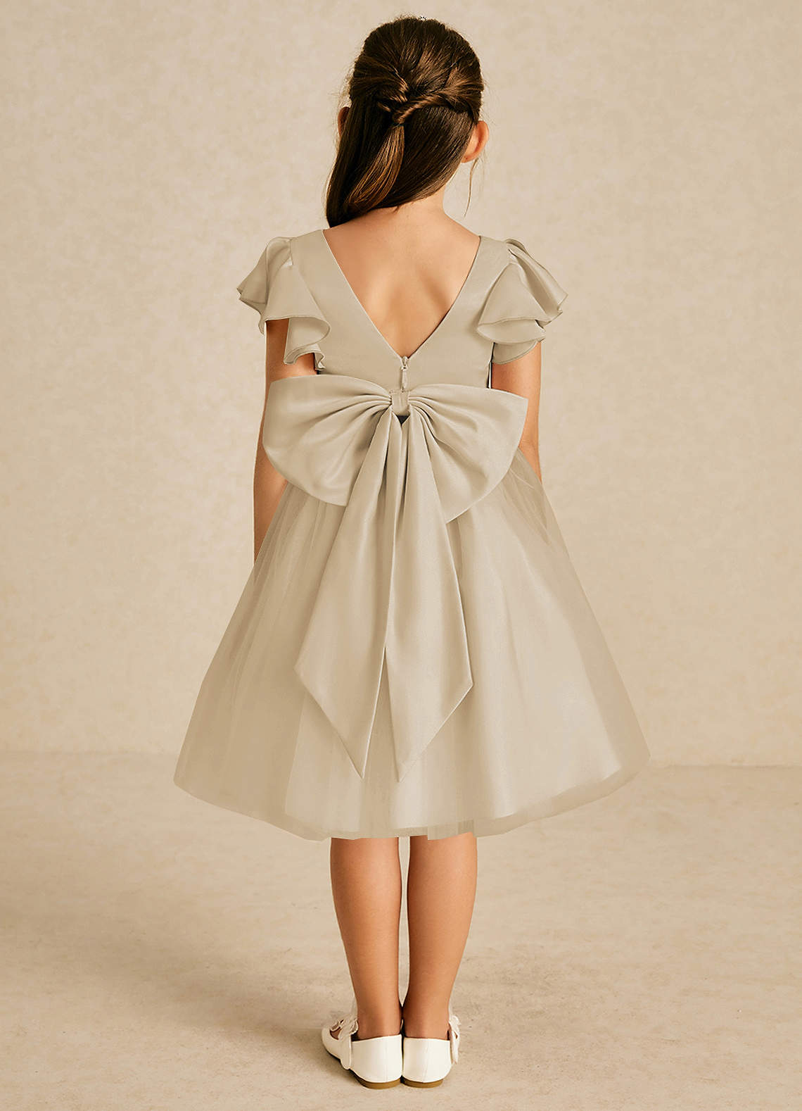 Azazie Kaeya Flower Girl Dresses Champagne A-Line Bow Tulle Dress image1
