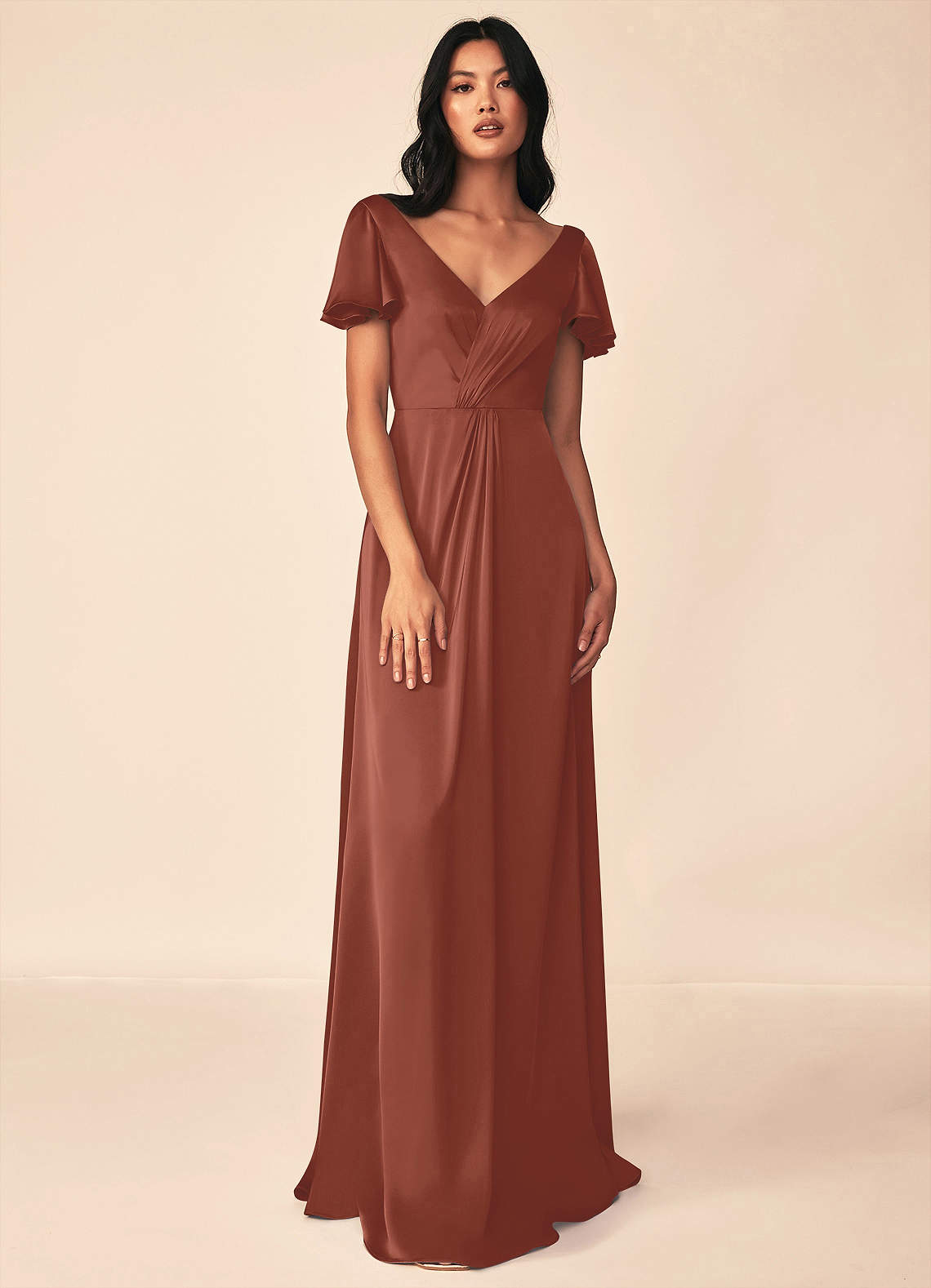 Azazie Soren At-home Try On Dresses Auburn A-Line Pleated Stretch Satin Dress image1