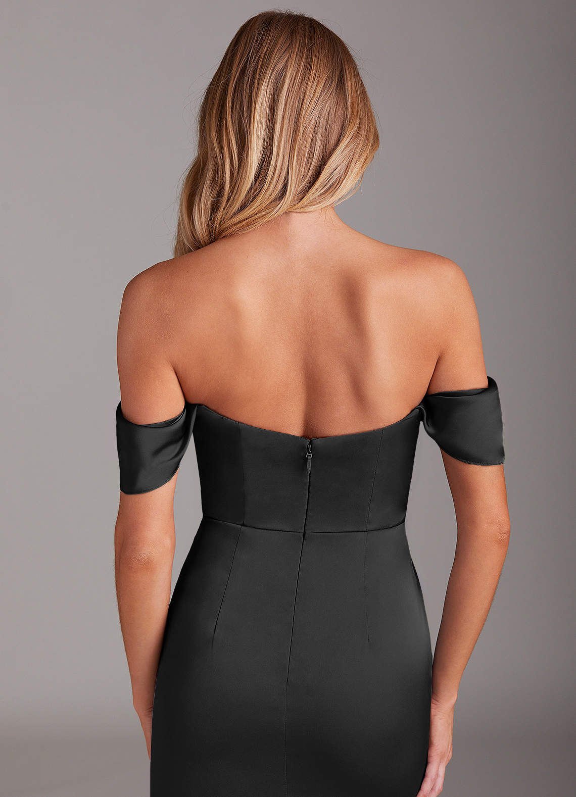 Azazie Saige At-home Try On Dresses Black Sheath Off the Shoulder Stretch Satin Dress image8