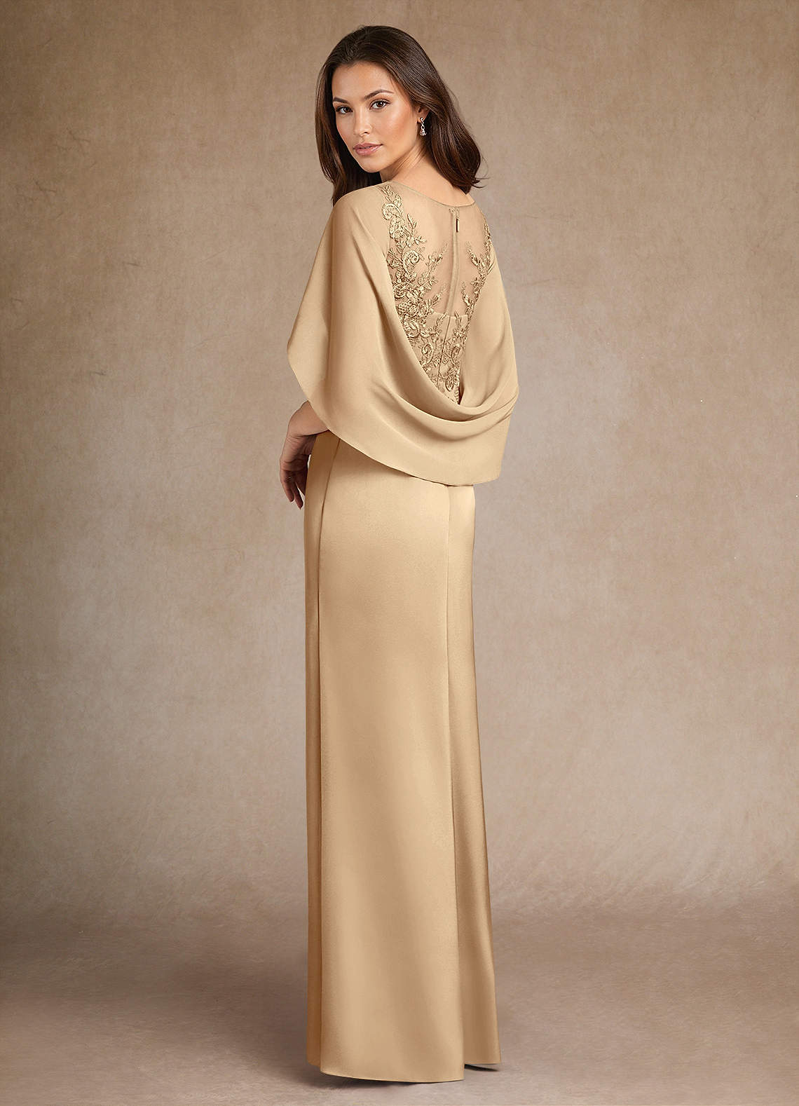 Azazie Hera Mother of the Bride Dresses Champagne A-Line Lace Stretch Satin Dress image2