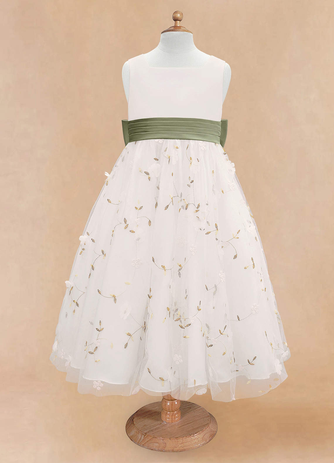 Azazie Pollie Flower Girl Dresses Ivory Pistachio A-Line Bow Tulle Dress image10