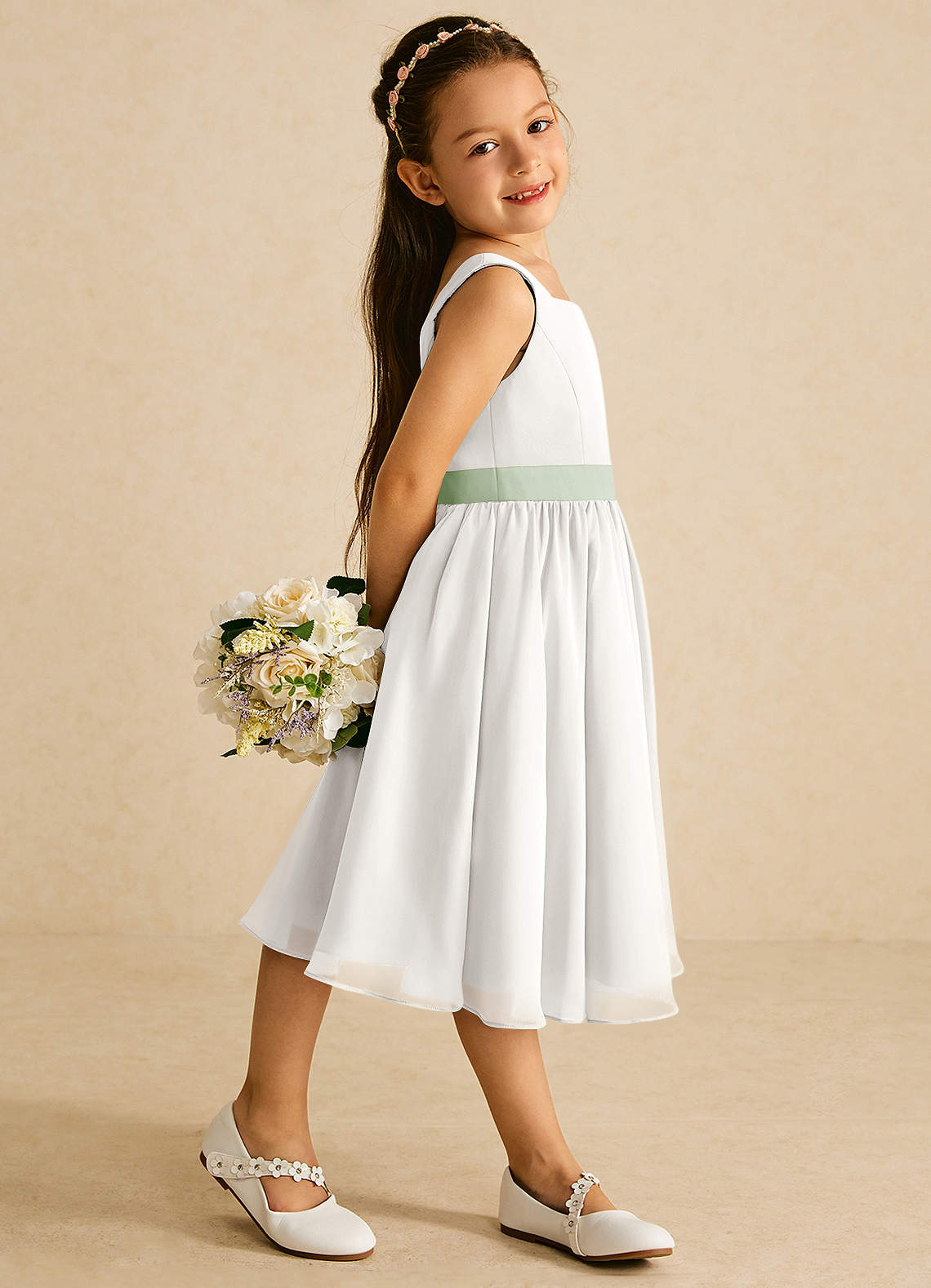 Azazie Elina Flower Girl Dresses Ivory Dusty Sage A-Line Sleeveless Chiffon Dress image2