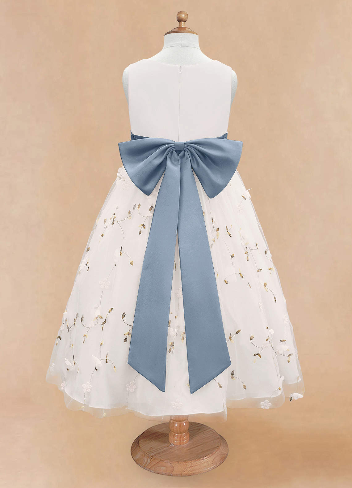 Azazie Pollie Flower Girl Dresses Ivory Dusty Blue A-Line Bow Tulle Dress image11