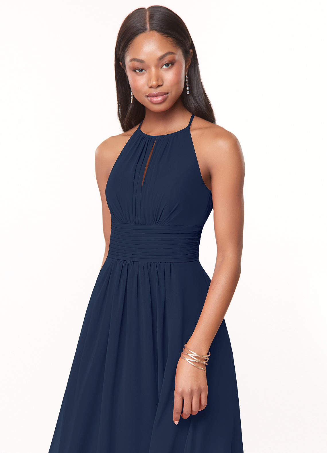 Azazie Bonnie At-home Try On Dresses Dark Navy A-Line Keyhole Ruched Chiffon Dress image4