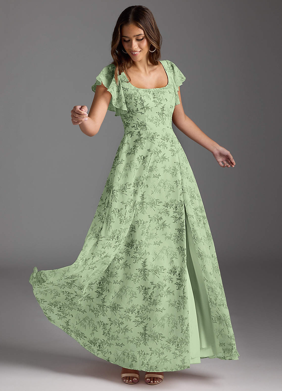 Azazie Bondi Bridesmaid Dresses Green Fern Floral A-Line Ruffled Chiffon Dress image3