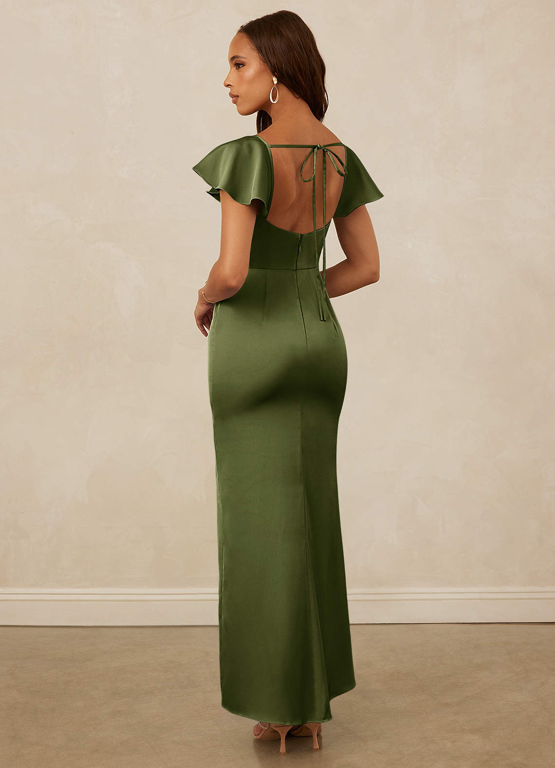 Christian Siriano Bridal for Azazie 1005 Bridesmaid Dresses Flutter Sleeve Stretch Satin Sheath Dress image1