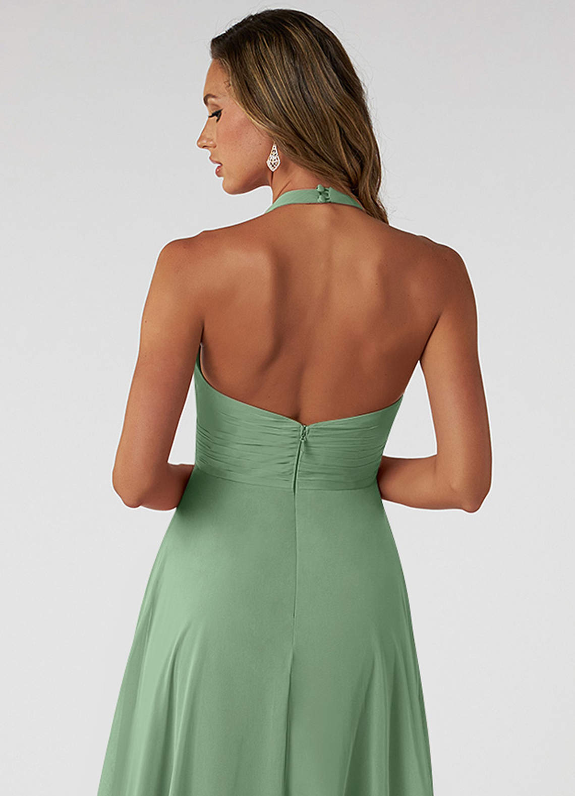Azazie Tessie At-home Try On Dresses Matcha A-Line V-Neck Pleated Chiffon Dress image3