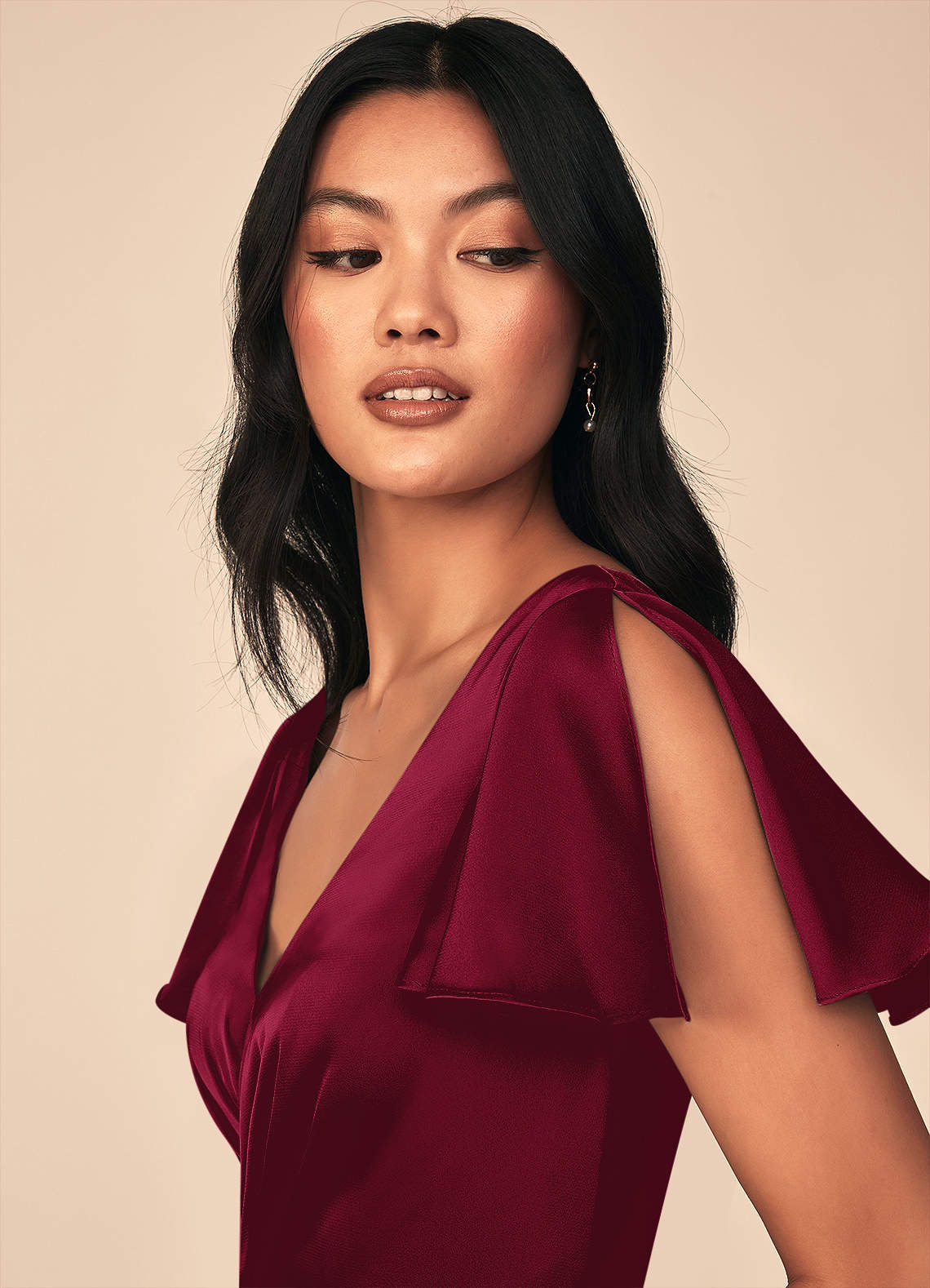 Azazie Soren Bridesmaid Dresses Burgundy A-Line Pleated Stretch Satin Dress image5
