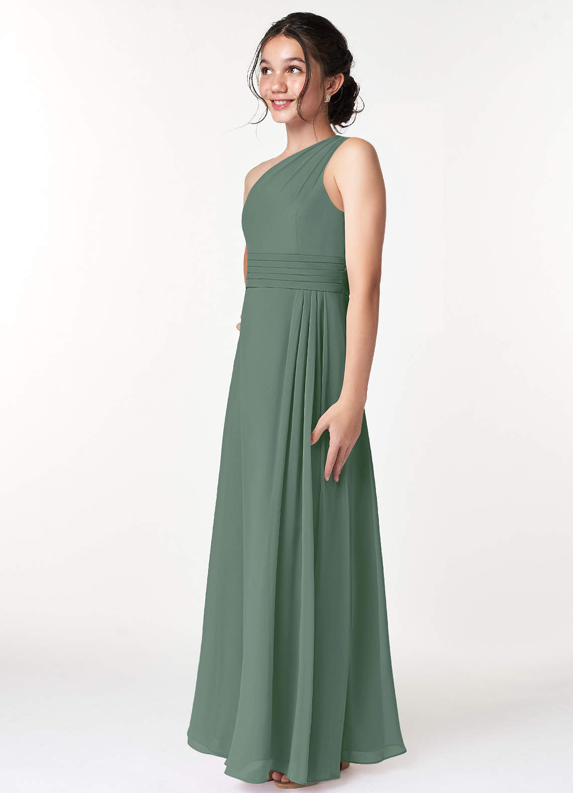 Azazie Cleo Junior Eucalyptus A-Line Pleated Chiffon Dress image4