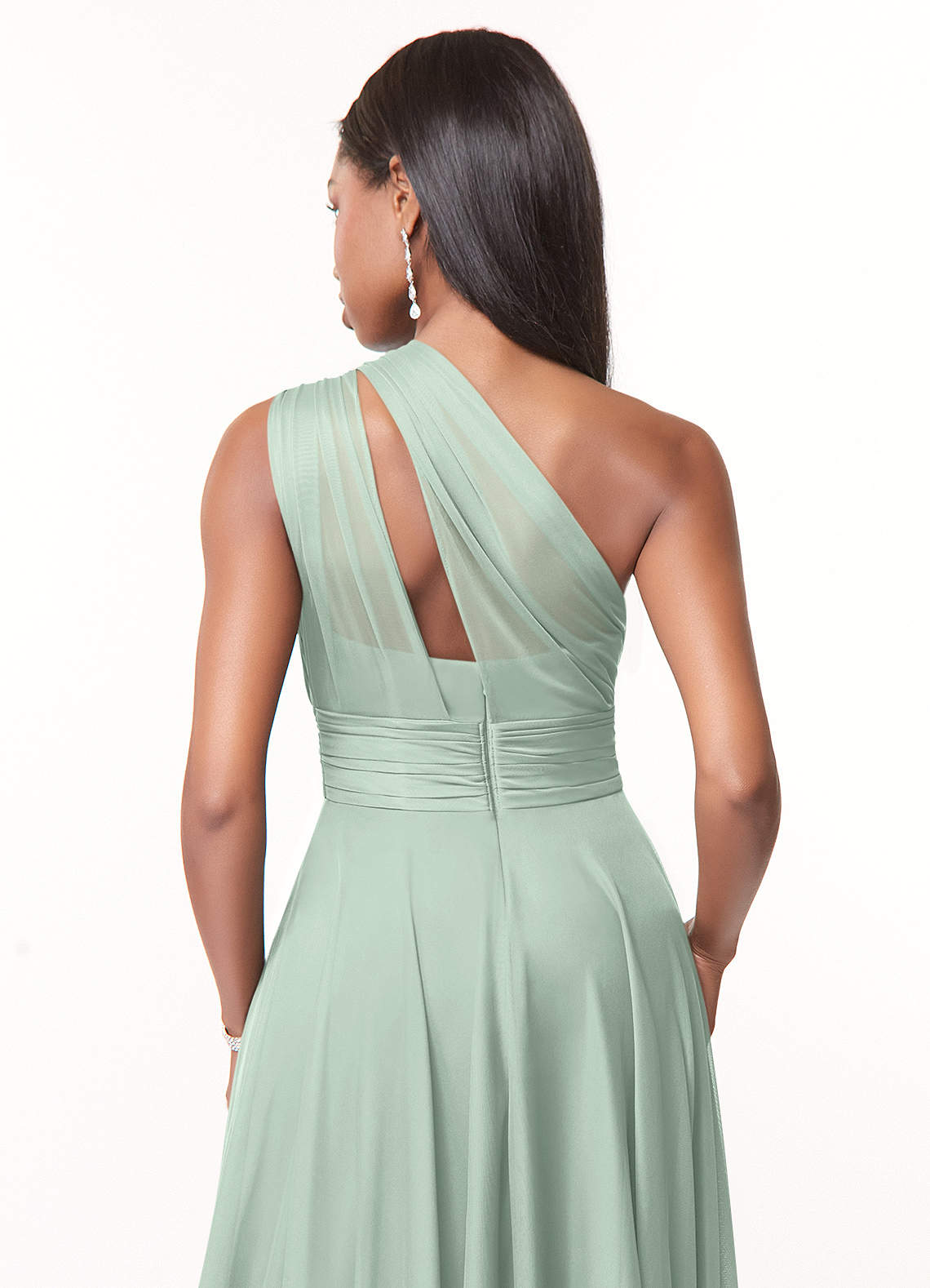 Azazie Charlize At-home Try On Dresses Agave A-Line One Shoulder Mesh Dress image3