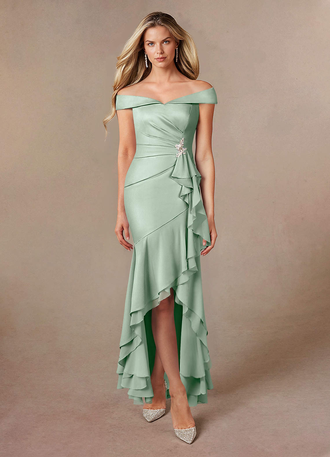 Azazie Billings Mother of the Bride Dresses Agave Mermaid Off the Shoulder Stretch Satin Dress image4