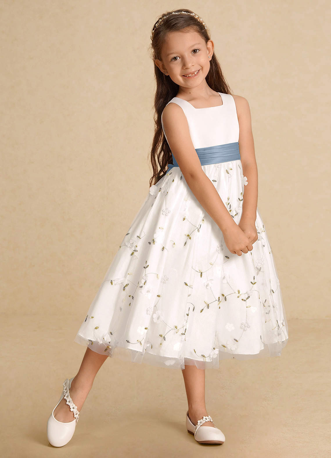 Azazie Pollie Flower Girl Dresses Ivory Dusty Blue A-Line Bow Tulle Dress image8