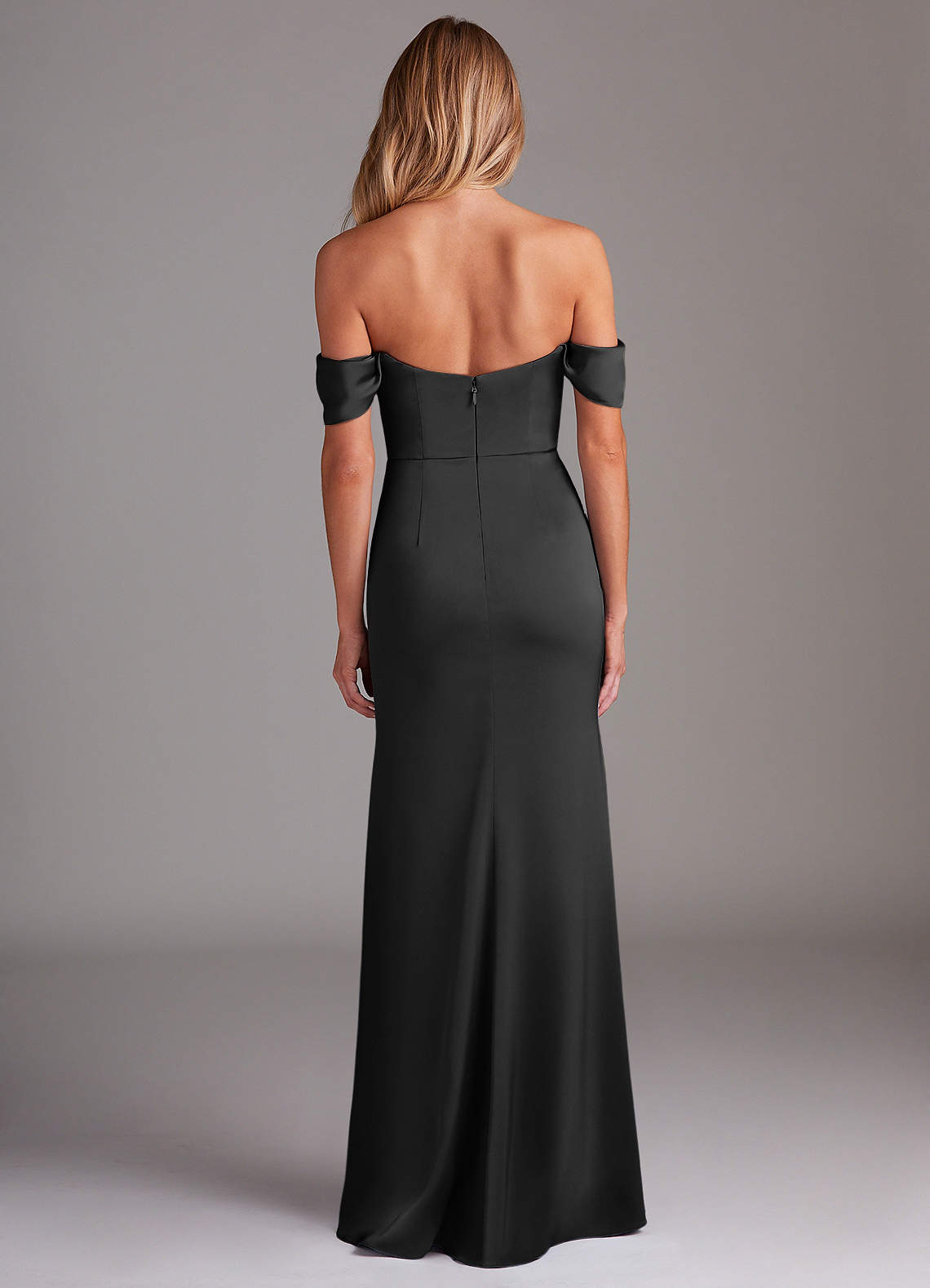 Azazie Saige At-home Try On Dresses Black Sheath Off the Shoulder Stretch Satin Dress image9
