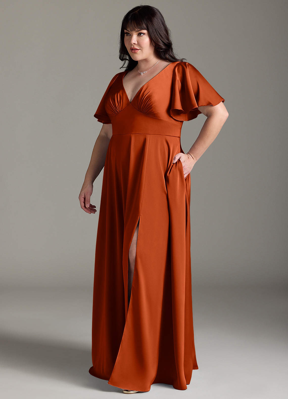 Azazie Kimber Bridesmaid Dresses Paprika A-Line Ruched Stretch Satin Dress image9