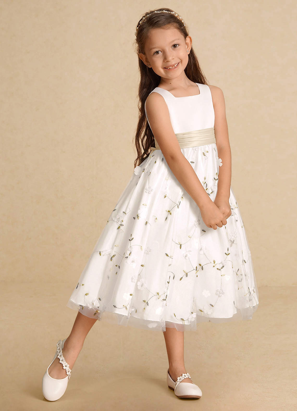 Azazie Pollie Flower Girl Dresses Ivory Champagne A-Line Bow Tulle Dress image8