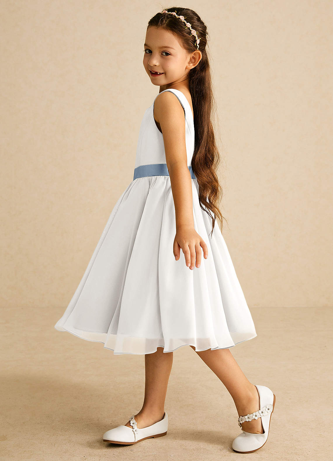 Azazie Elina Flower Girl Dresses Ivory Dusty Blue A-Line Sleeveless Chiffon Dress image3