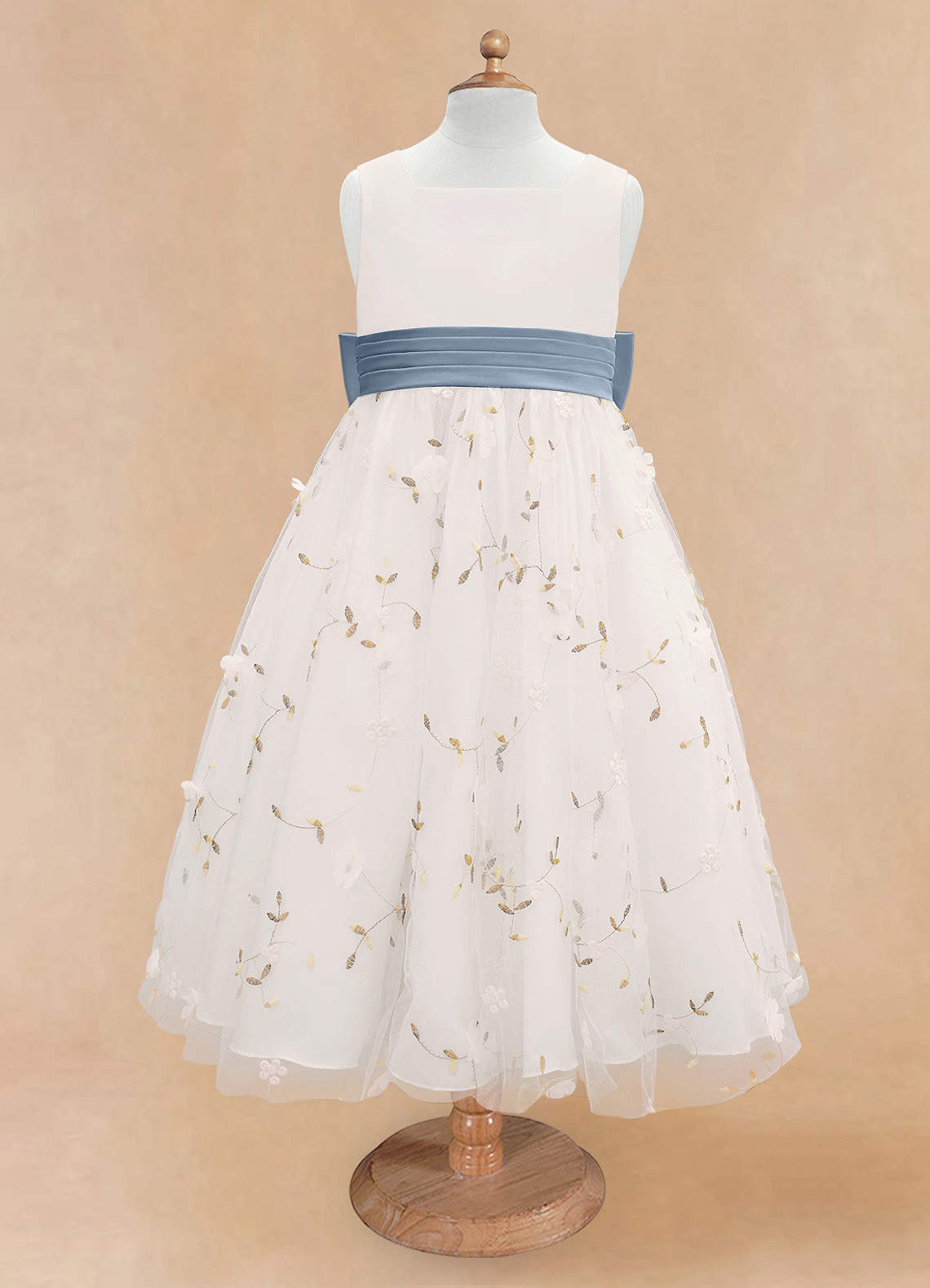 Azazie Pollie Flower Girl Dresses Ivory Dusty Blue A-Line Bow Tulle Dress image10