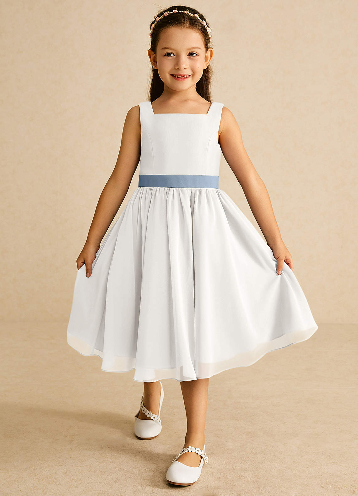 Azazie Elina Flower Girl Dresses Ivory Dusty Blue A-Line Sleeveless Chiffon Dress image1