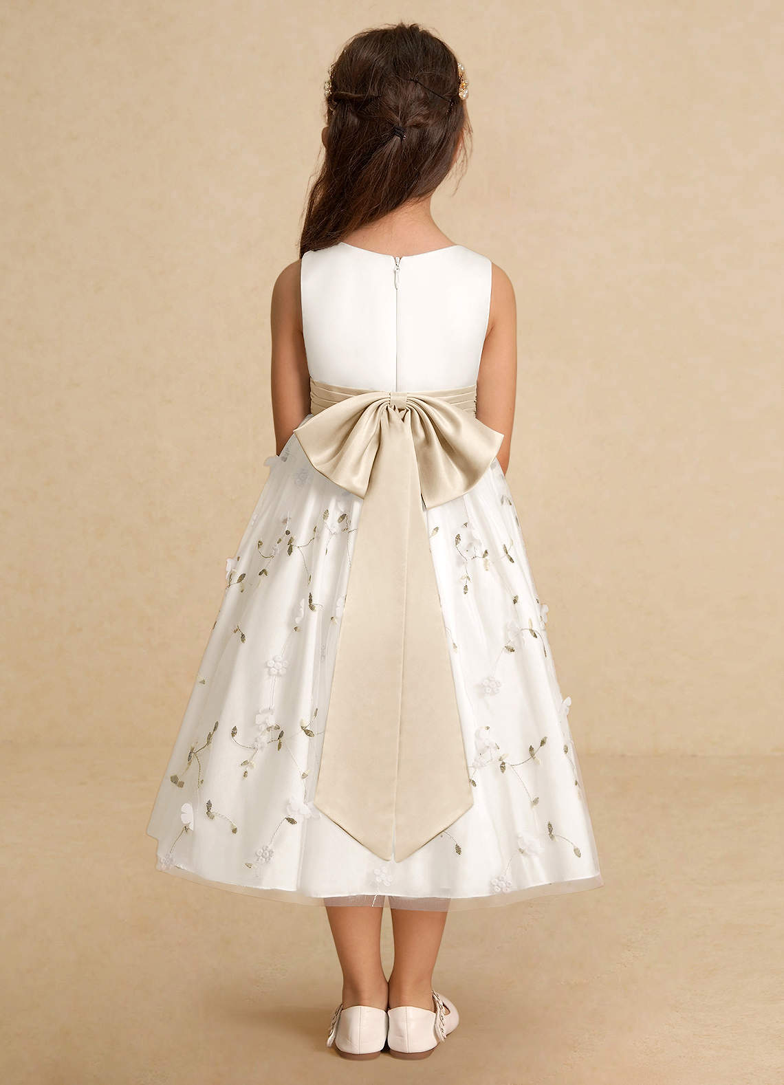 Azazie Pollie Flower Girl Dresses Ivory Champagne A-Line Bow Tulle Dress image5