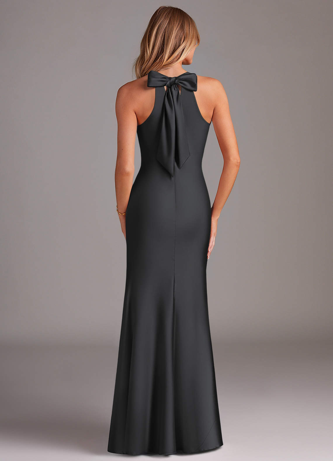 Azazie Doretta At-home Try On Dresses Black Mermaid Pleated Stretch Satin Dress image1