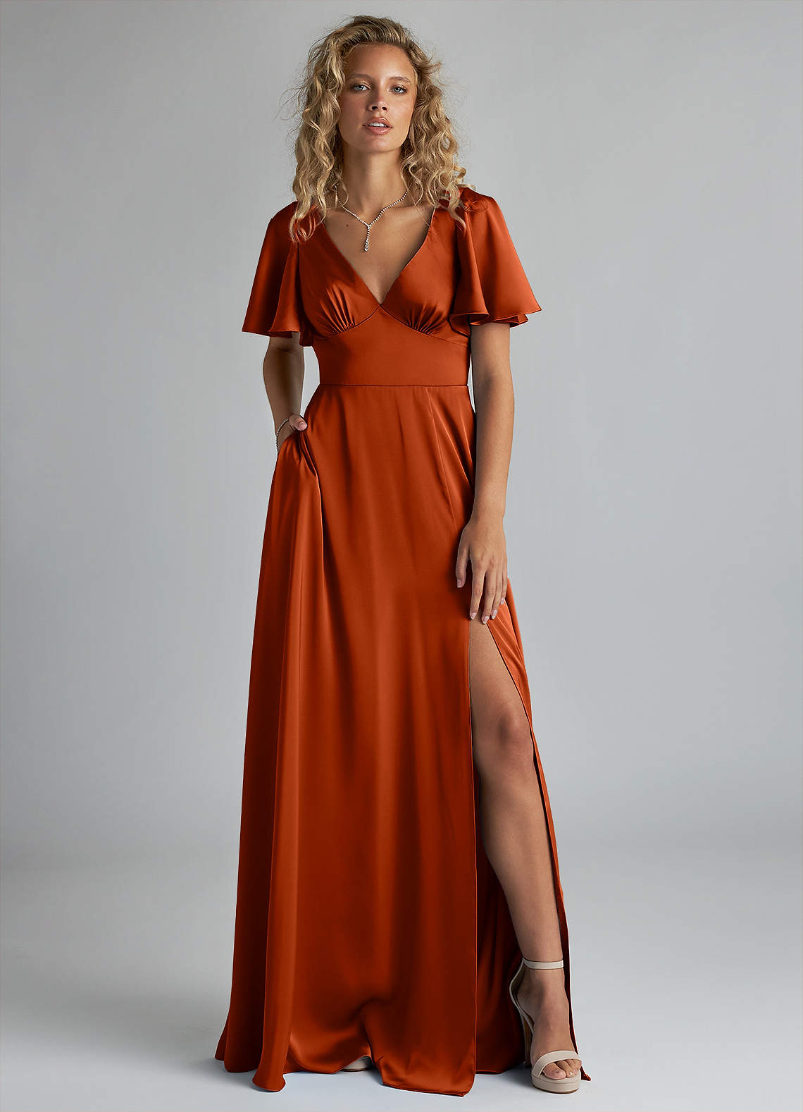Azazie Kimber Bridesmaid Dresses Paprika A-Line Ruched Stretch Satin Dress image1
