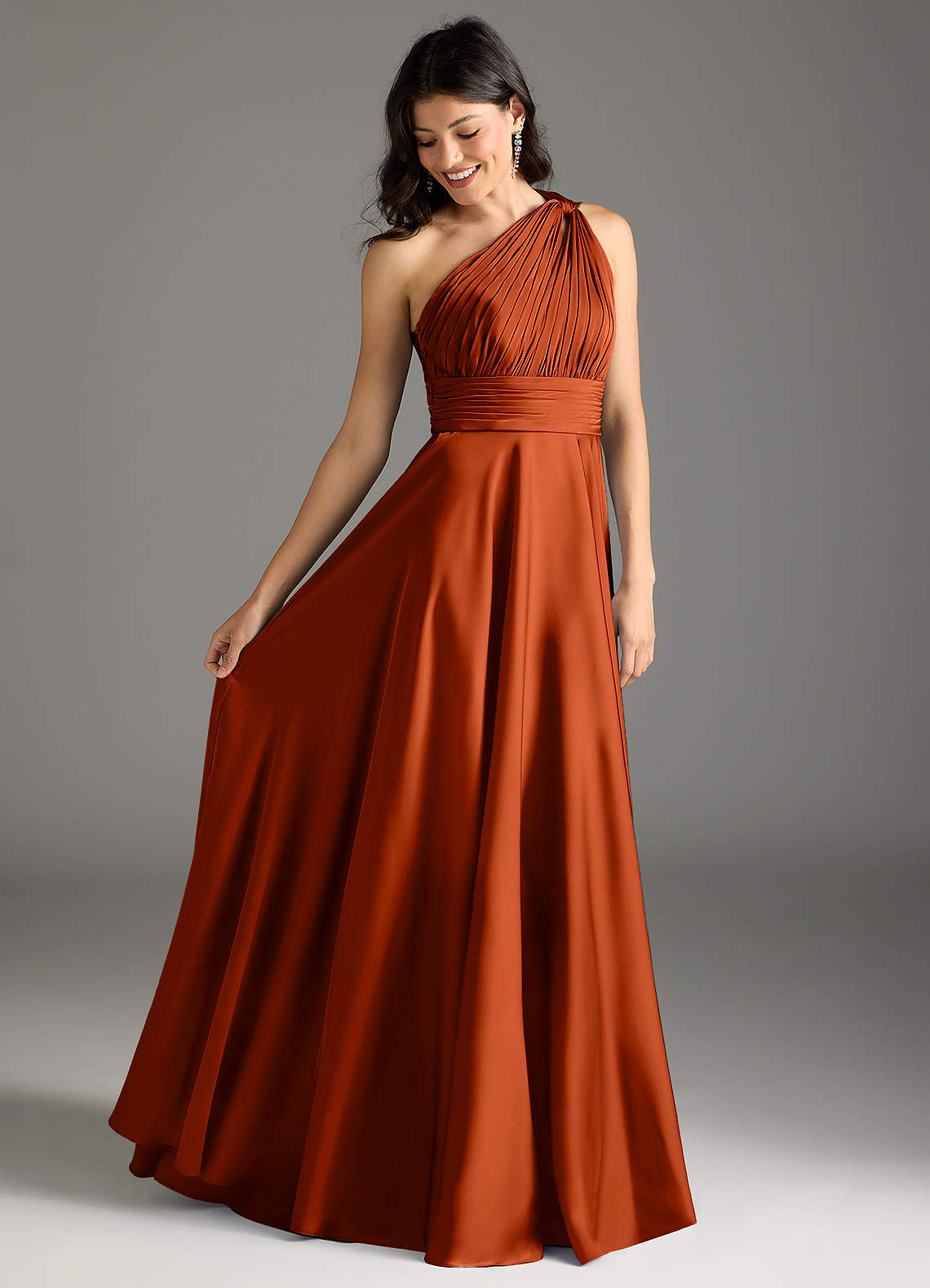 Azazie Charlize Bridesmaid Dresses Paprika A-Line One Shoulder Stretch Satin Dress image1