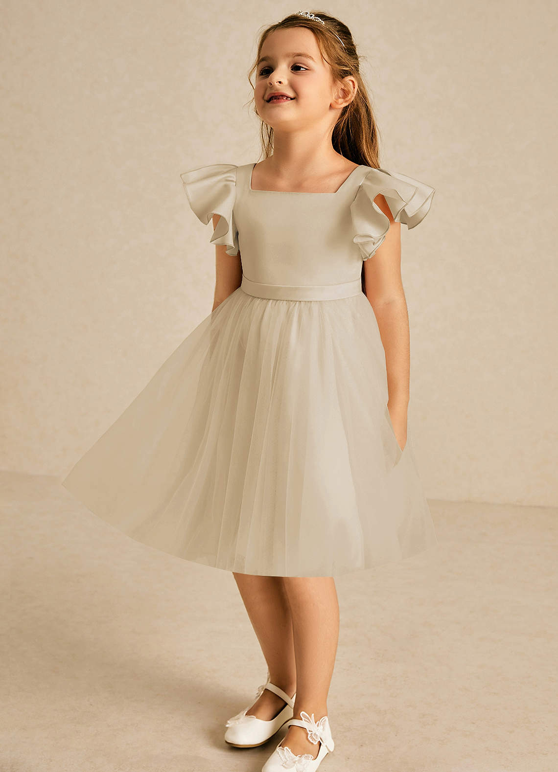 Azazie Kaeya Flower Girl Dresses Champagne A-Line Bow Tulle Dress image3