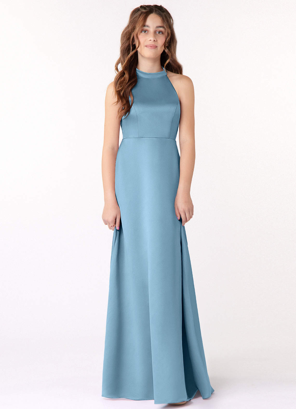 Azazie Laurel Junior Steel Blue A-Line Stretch Satin Dress image1