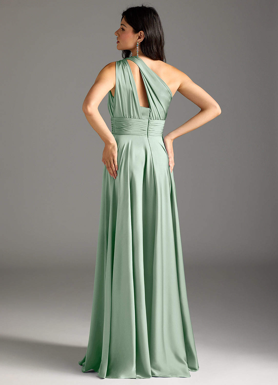 Azazie Charlize At-home Try On Dresses Agave A-Line One Shoulder Stretch Satin Dress image5