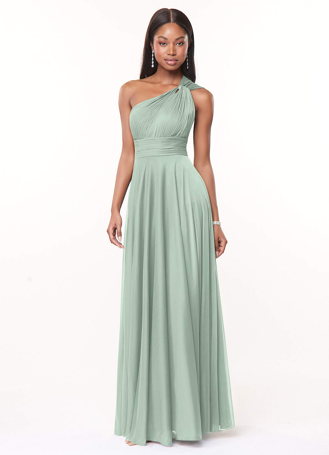 Azazie Charlize At-home Try On Dresses Agave A-Line One Shoulder Mesh Dress image2