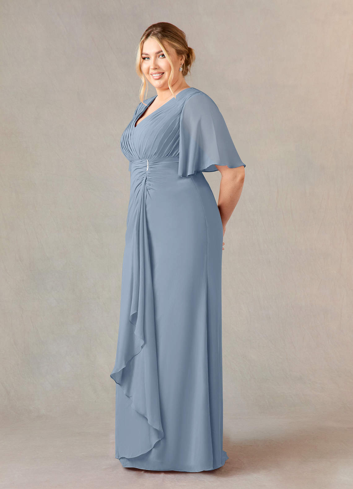 Azazie Carson Mother of the Bride Dresses Dusty Blue A-Line V-Neck Lace Chiffon Dress image7