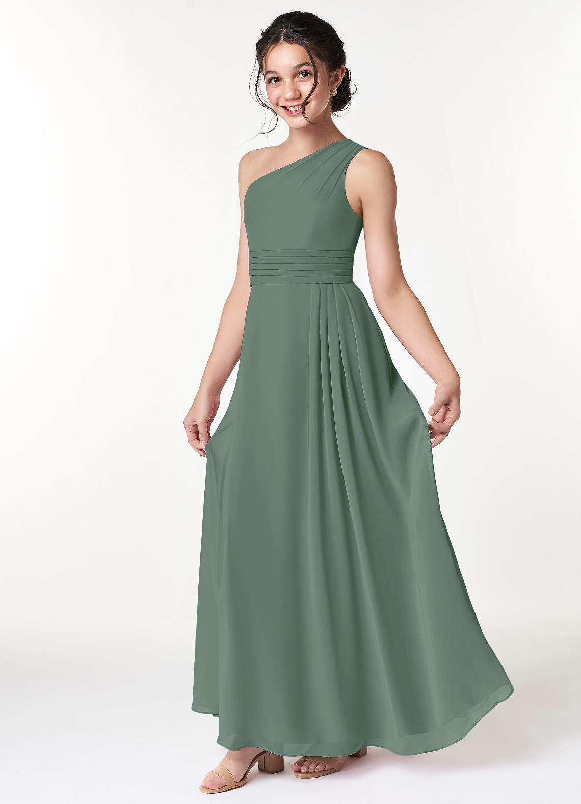 Azazie Cleo Junior Eucalyptus A-Line Pleated Chiffon Dress image1