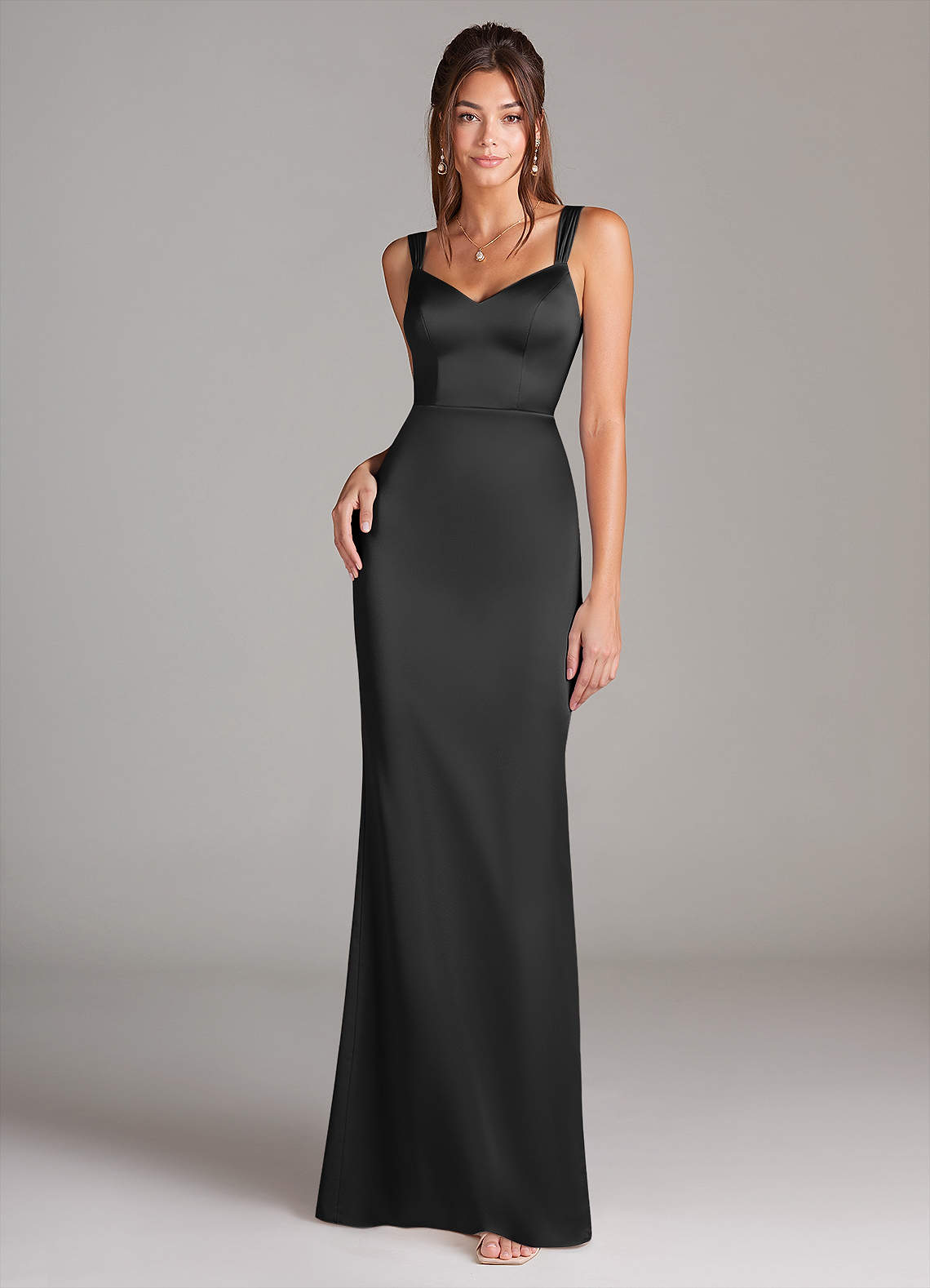 Azazie Denice At-home Try On Dresses Black Sheath Pleated Stretch Satin Dress image2