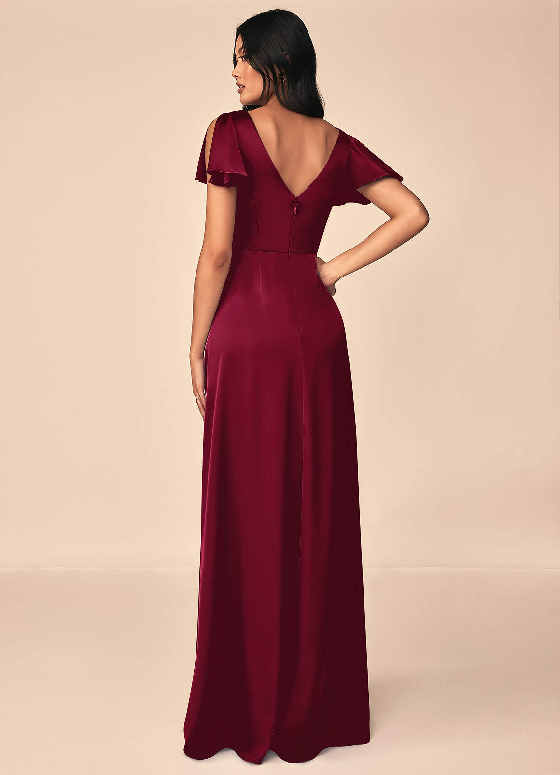 Azazie Soren Bridesmaid Dresses Burgundy A-Line Pleated Stretch Satin Dress image1