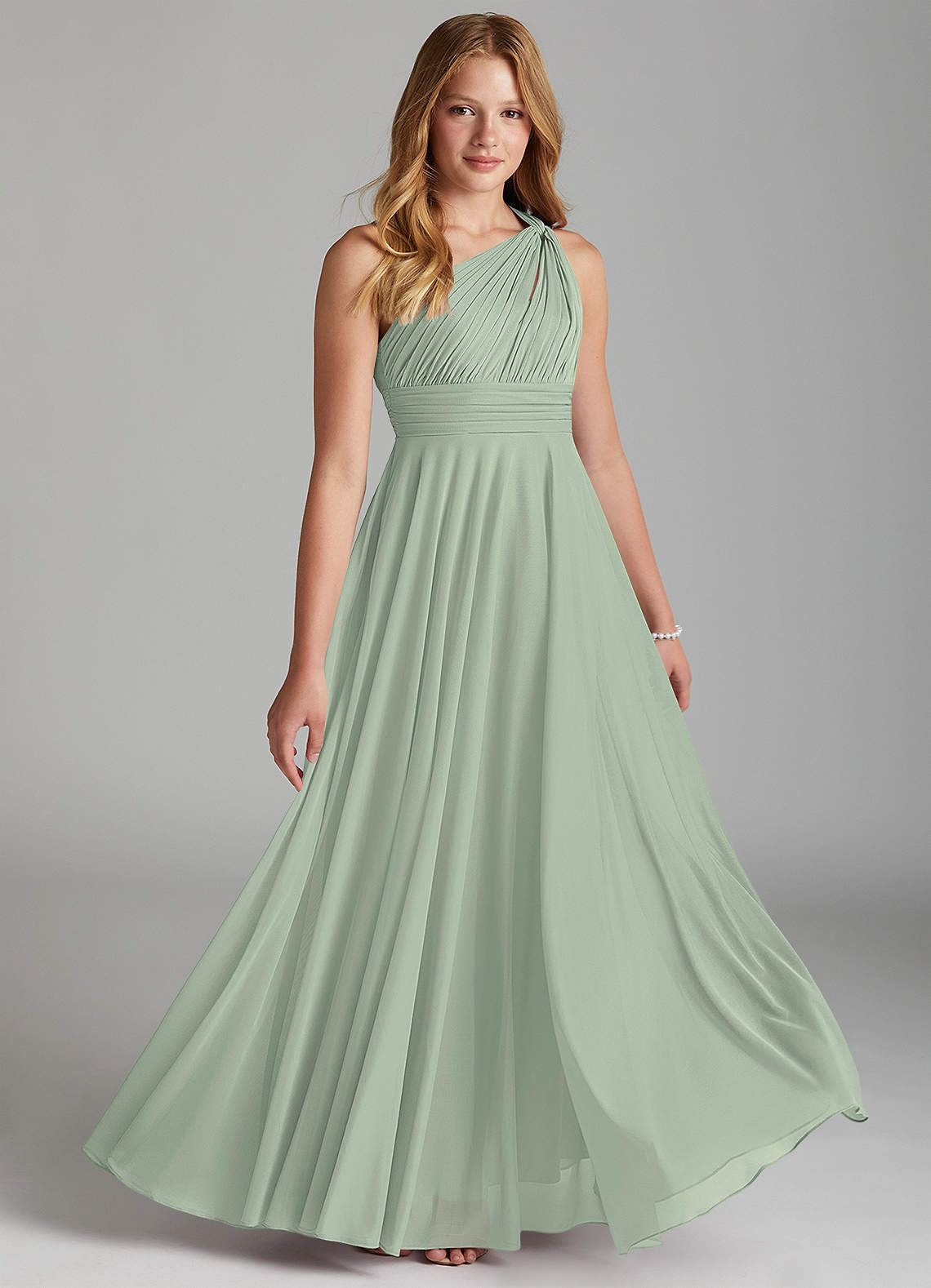 Azazie Charlize Junior Dusty Sage A-Line Mesh Dress image1