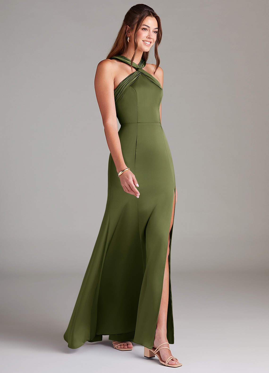 Azazie Rue Bridesmaid Dresses Olive A-Line Pleated Stretch Satin Dress image3