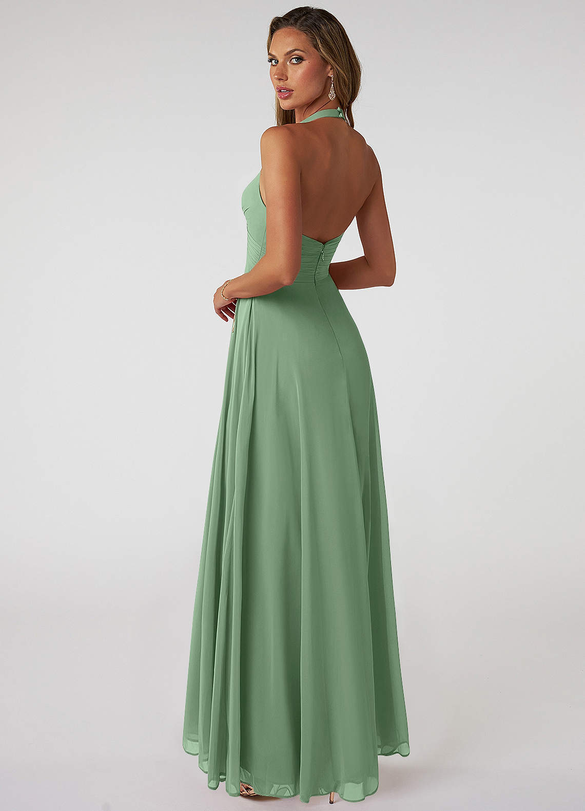 Azazie Tessie At-home Try On Dresses Matcha A-Line V-Neck Pleated Chiffon Dress image1